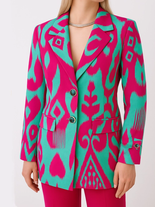 DEGO, ayollar kostyumi ikkilik: jaket va shim, ikat bosma, M-7XL o‘lchamlari