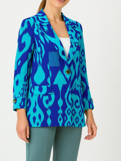 DEGO, ayollar kostyumi ikkilik: jaket va shim, ikat bosma, M-7XL o‘lchamlari