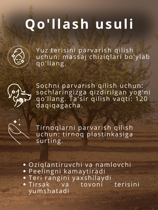 Bodom yog'i tabiiy kosmetik, tana massaji uchun, namlantiruvchi, Halol, As-sunna