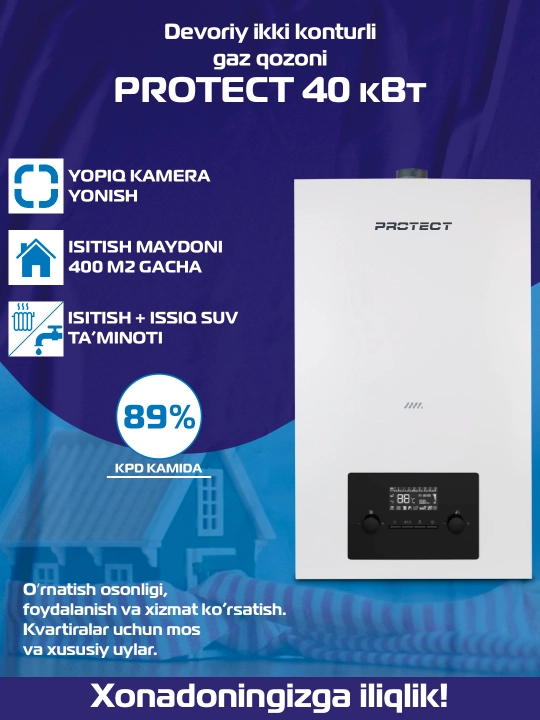 Devorga o'rnatilgan gazli qozon 40 kv, 400 m2 uchun