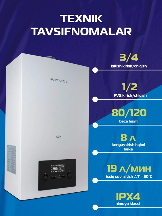 Devorga o'rnatilgan gazli qozon 40 kv, 400 m2 uchun