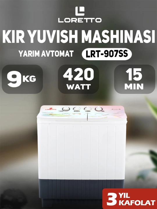 Kir yuvish mashinasi Loretto LRT-907SS, yarim avtomat, 9 kg - 