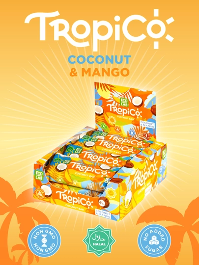 Кокосовый батончик TropiCo в шоколадной глазури, без сахара, 12 шт, 45 г — ECOLAB-TROPICO-ОРАНЖ