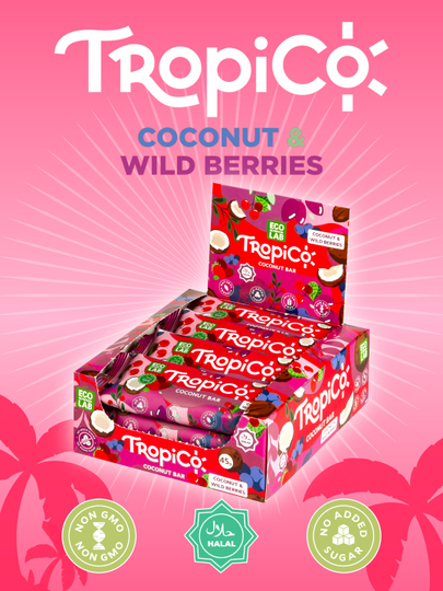 Кокосовый батончик TropiCo в шоколадной глазури, без сахара, 12 шт, 45 г — ECOLAB-TROPICO-ТЕМНРОЗ