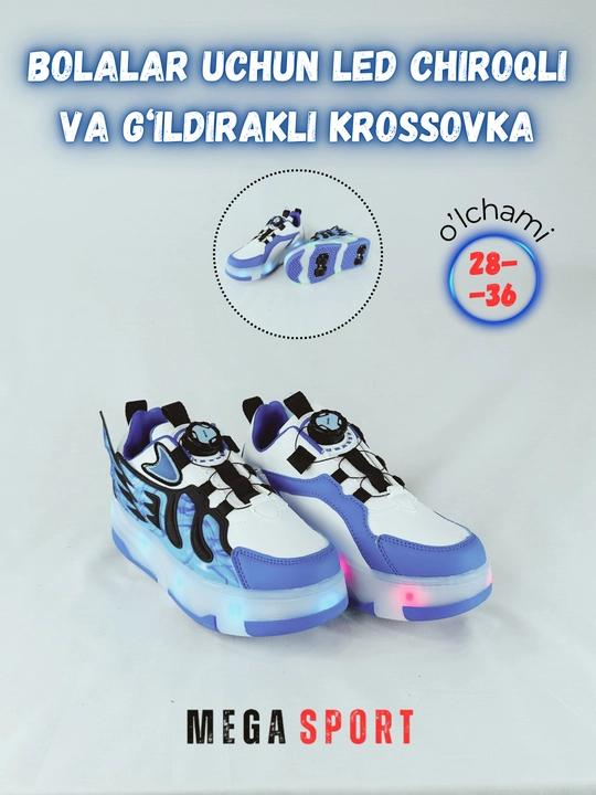 Bolalar LED chiroqli va g‘ildirakli krossovka, sport poyabzal - 