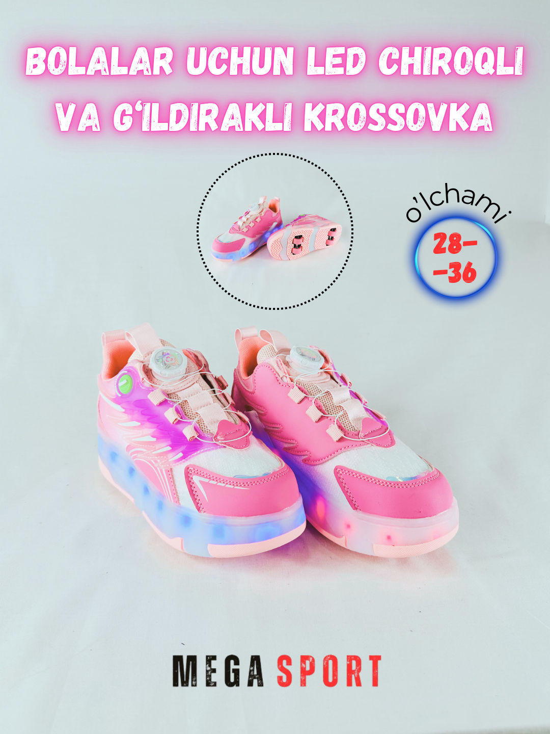 Bolalar LED chiroqli va g‘ildirakli krossovka, sport poyabzal - 