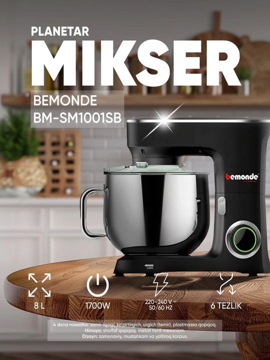 Mikser 8 litr Bemonde BM-SM1001SB, 1700Vt, 6 tezlik, Temir nasatkalar