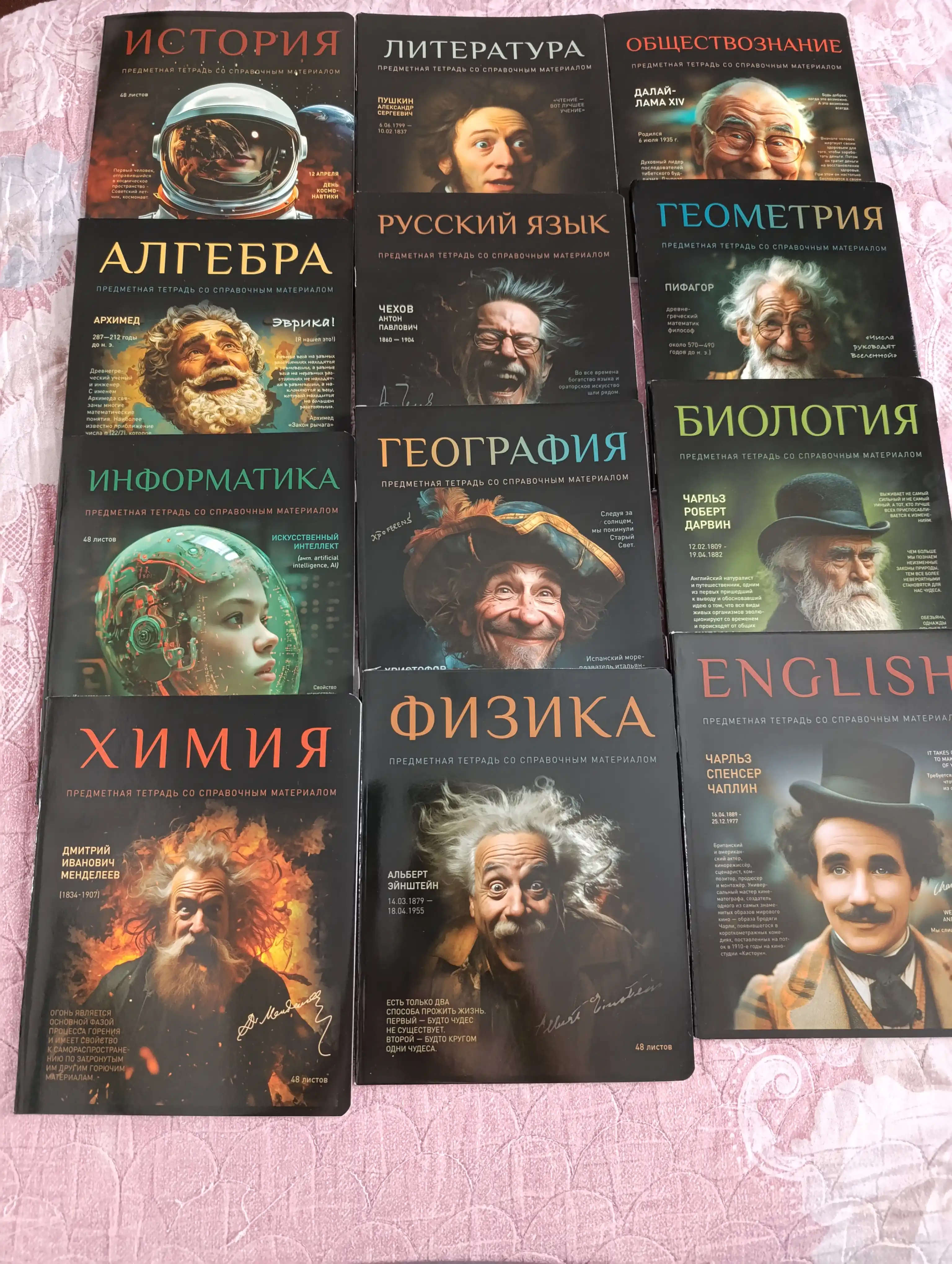 A5 formatda fan daftarlar to‘plami, 48 bet, katak va chiziqli, 12 dona, qo‘llanma bilan