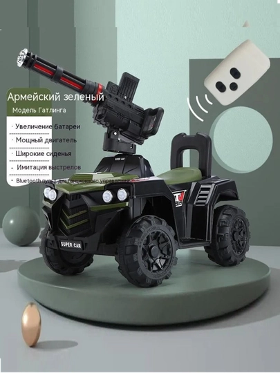 Детский электромотоцикл, работающий от аккумулятора, оснащен фарами и автоматами