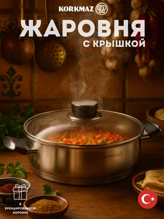 Жаровня с крышкой нержавейка KORKMAZ PERLA A2084, 24х7 см, 3 л - 