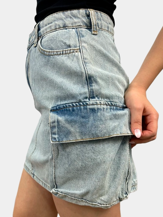 Ayollar kargo jinsi yubkasi, kichik 38 sm, katta cho‘ntakli, Turkiya, 100% paxta