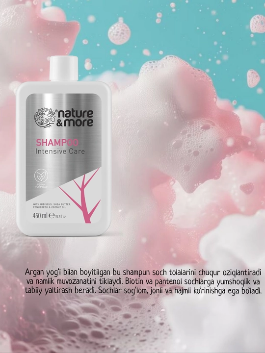 Intensiv shampun, argan yog‘i, biotin, pantenol, to‘kilishga qarshi, hajm va namlik uchun
