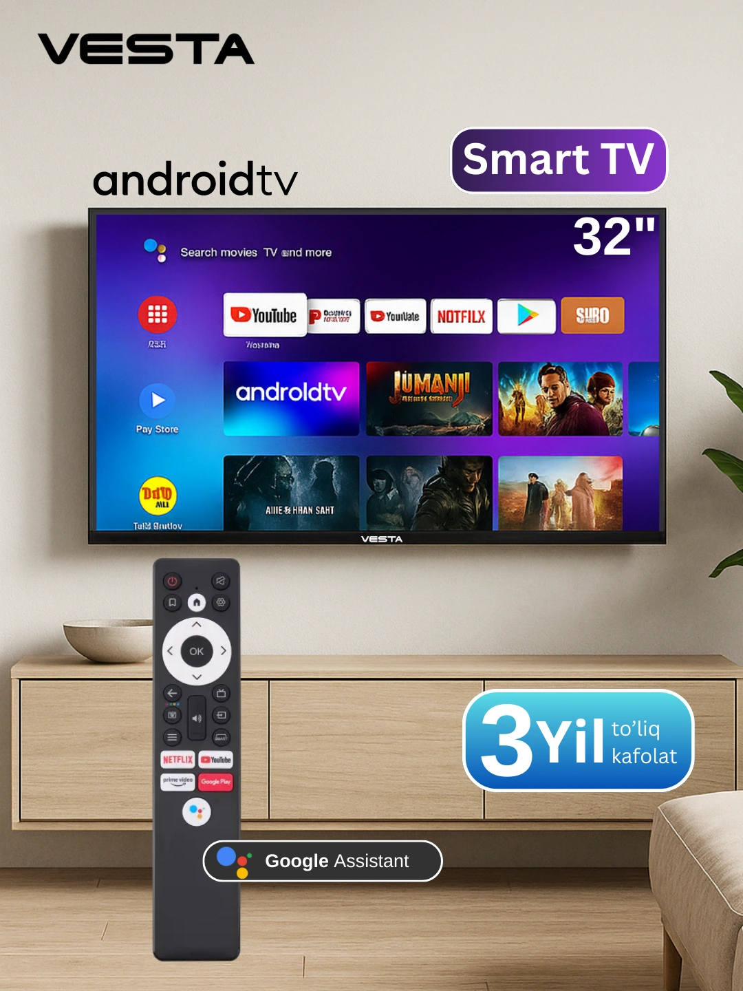 Телевизор VESTA Smart V32KH5500 32 Google tv HD, пульт с голосовым поиском за 1699000 сум со скидкой 43%. Uzum Market