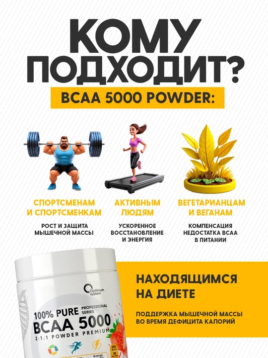 BCAA 2:1:1 5000, Optimum System, вкус Клубника, для роста мышц и контроля аппетита, 200г