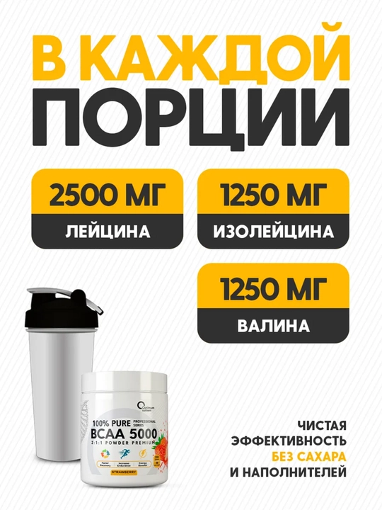 BCAA 2:1:1 5000, Optimum System, вкус Клубника, для роста мышц и контроля аппетита, 200г