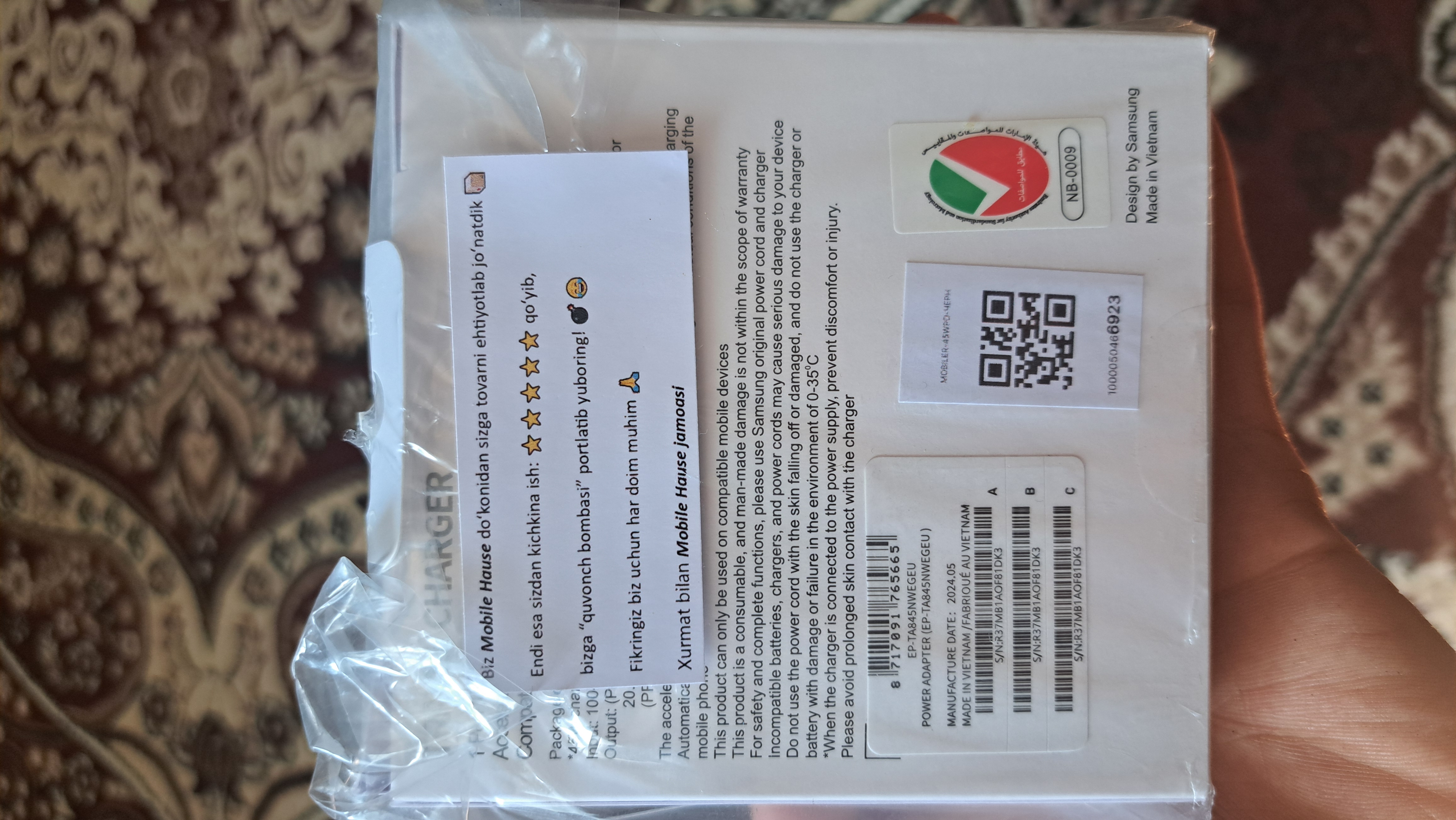 Zaryadnik Samsung Super Fast Charging 45W Type-C adapter kabeli bilan, 1 yil kafolat bor