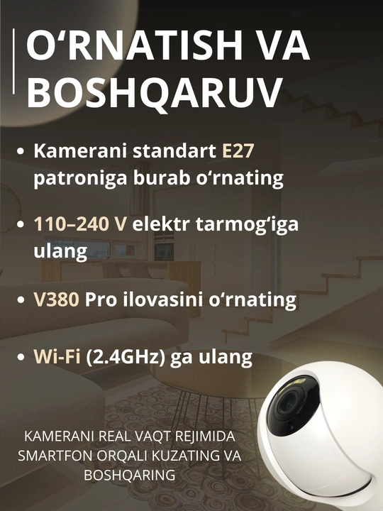 Hikvision, V380, Icsee Wi-Fi 360° kuzatuv kamerasi, video kuzatuv kamerasi, kamera