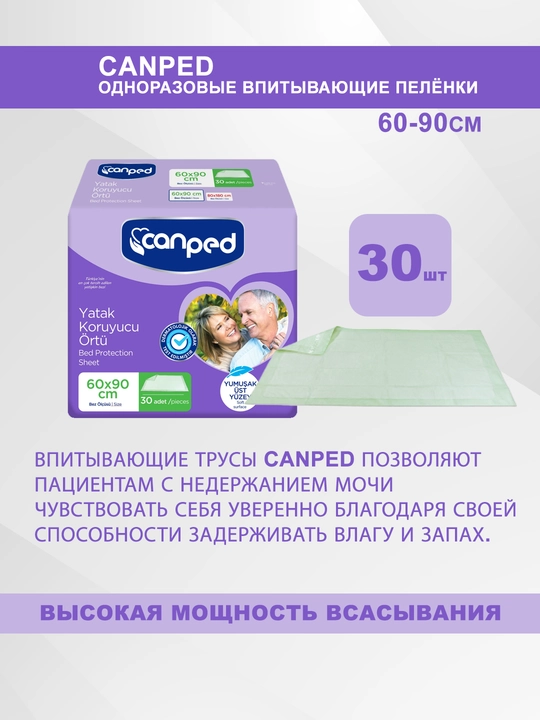 Пеленки гигиенические впитывающие CANPED Underpads Fluff 60х90 см 30 штук - 