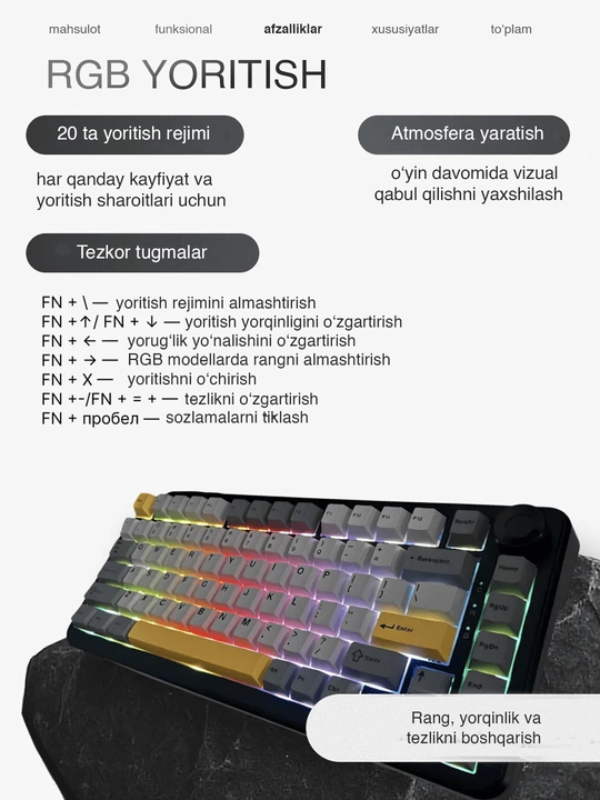 Mexanik klaviatura gaming uchun AJAZZ AK820, simli klavitura, yoritgichli