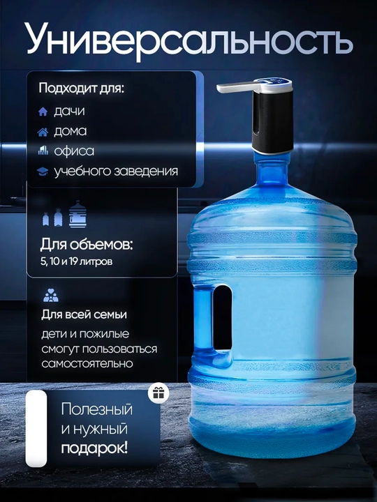 Электрическая помпа-диспенсер для воды, Универсальная для 5/10/18.9 л бутылей