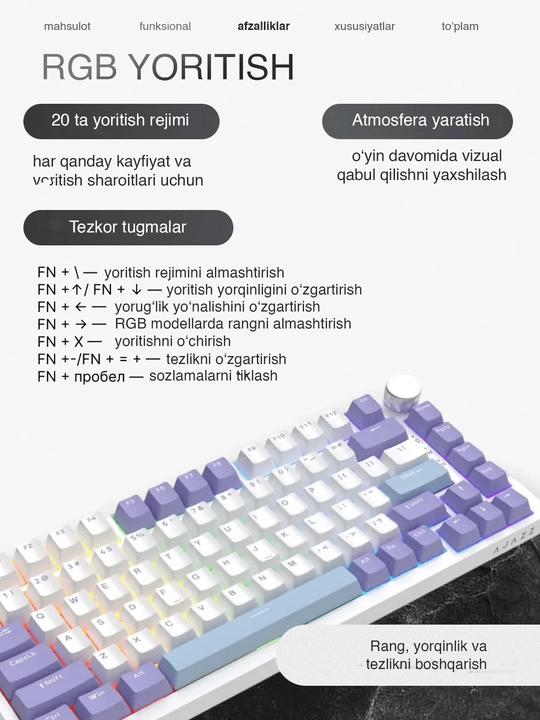Mexanik klaviatura gaming uchun AJAZZ AK820, simli klavitura, yoritgichli