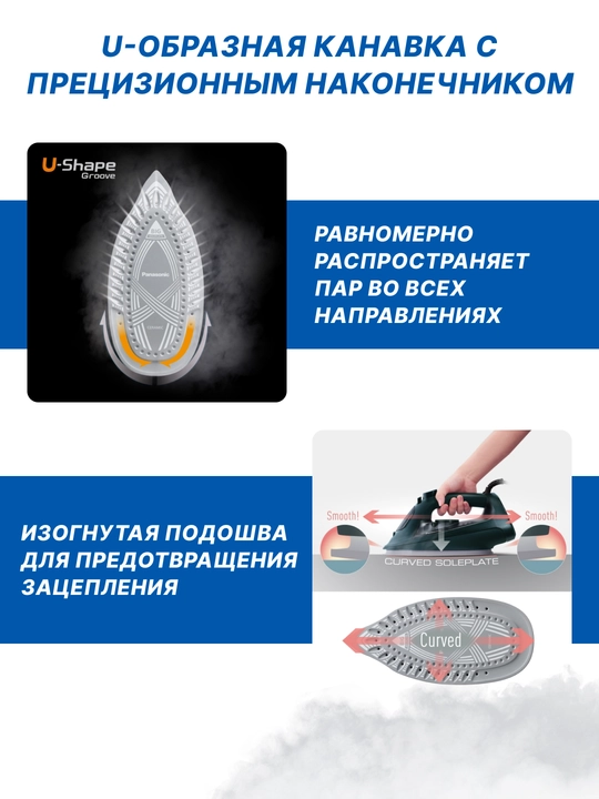 Паровой утюг Panasonic, 2400 Вт, 300 мл, изогнутая подошва,NI-U450GTV