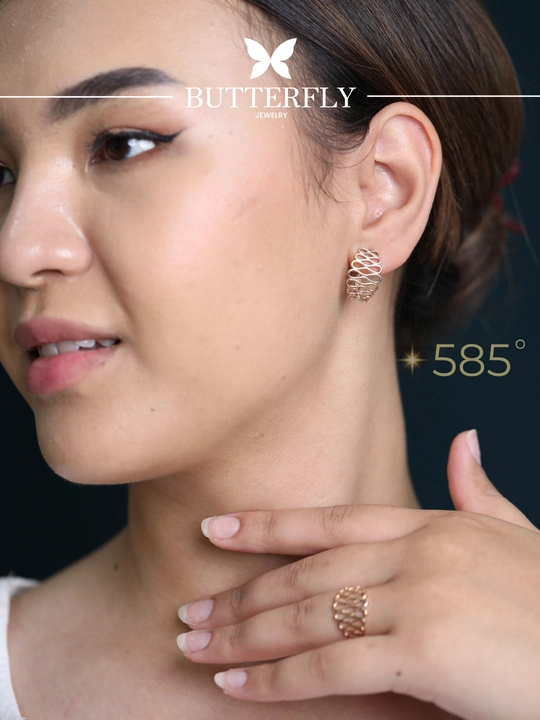 Золотое кольцо и серги комплект, 7.56 г, модель B36K,золото 585 пробы, BUTTERFLY GOLD