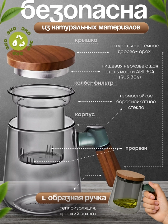 Choy damlash uchun krujka, qopqoq va filtr-damlagich bilan 500 ml