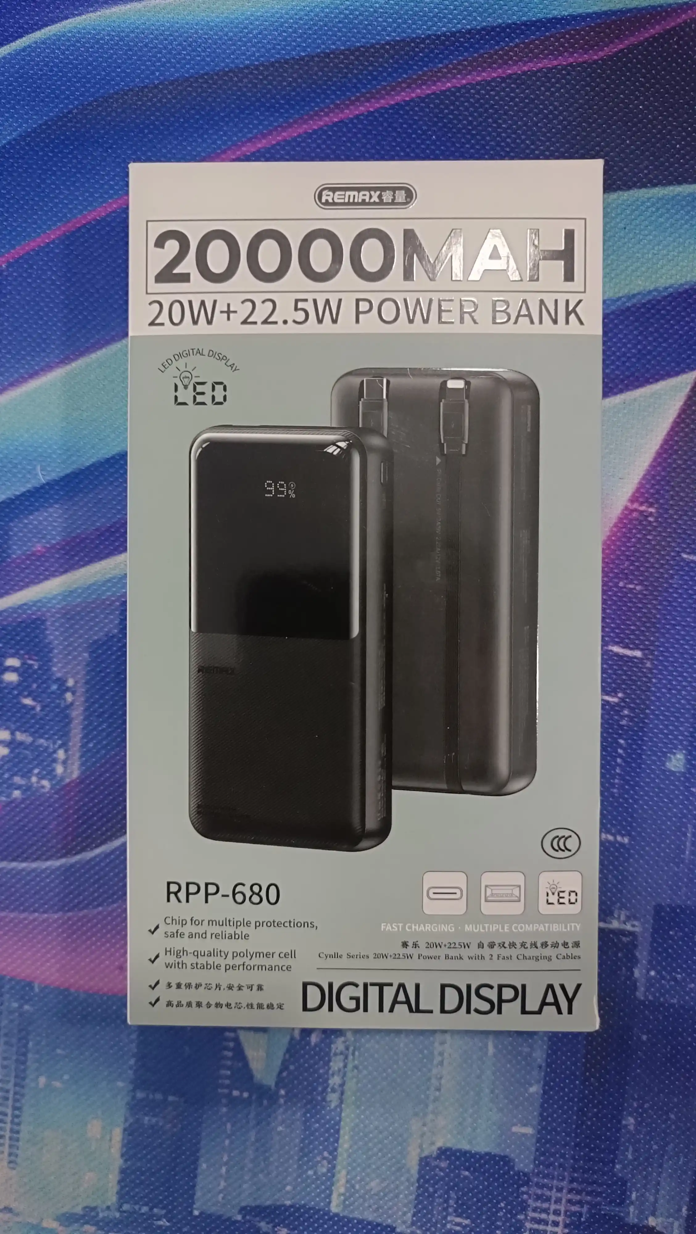 REMAX Power Bank tashqi batareyasi 22,5 W tez zaryadlash, 10000 dan 50000 mA/h, Type-C