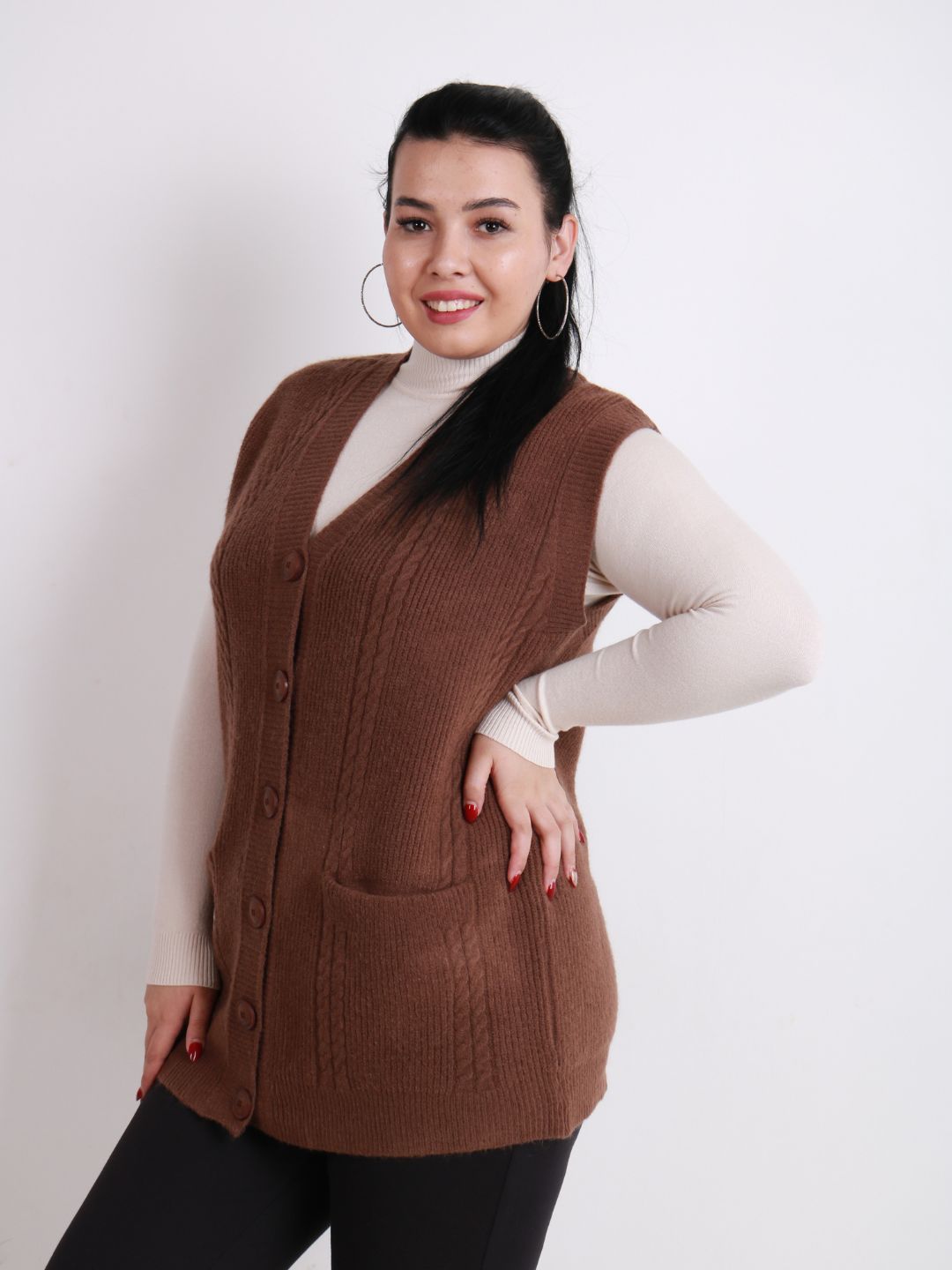 Ayollar uchun trikotaj jilet, uzun model, tugmali, cho‘ntakli, plus size, har kunlik uslub