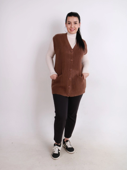 Ayollar uchun trikotaj jilet, uzun model, tugmali, cho‘ntakli, plus size, har kunlik uslub