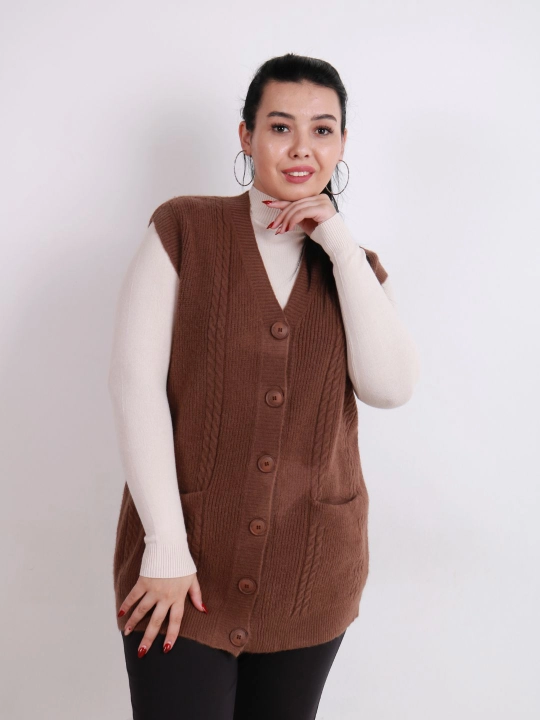 Ayollar uchun trikotaj jilet, uzun model, tugmali, cho‘ntakli, plus size, har kunlik uslub