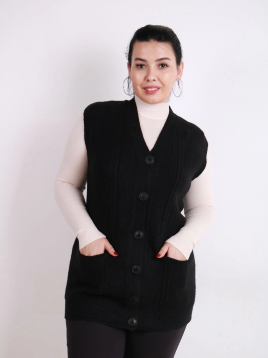 Ayollar uchun trikotaj jilet, uzun model, tugmali, cho‘ntakli, plus size, har kunlik uslub