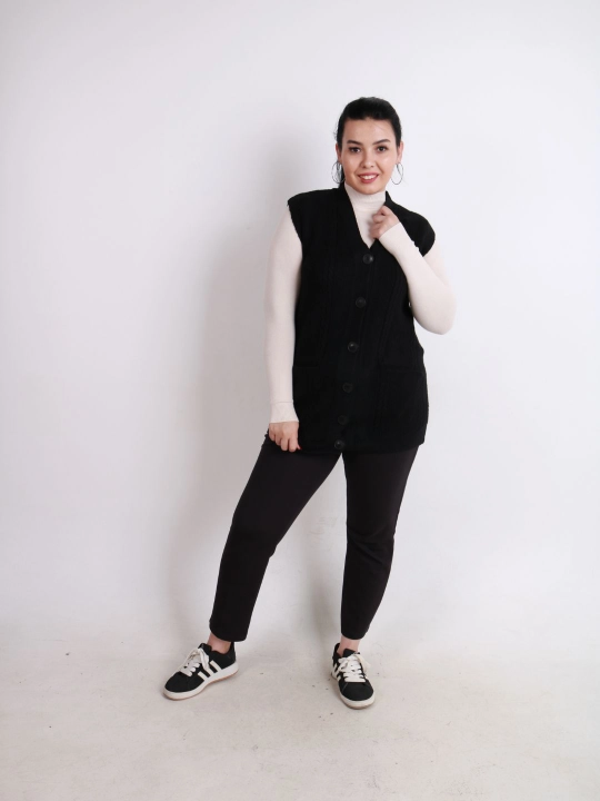 Ayollar uchun trikotaj jilet, uzun model, tugmali, cho‘ntakli, plus size, har kunlik uslub