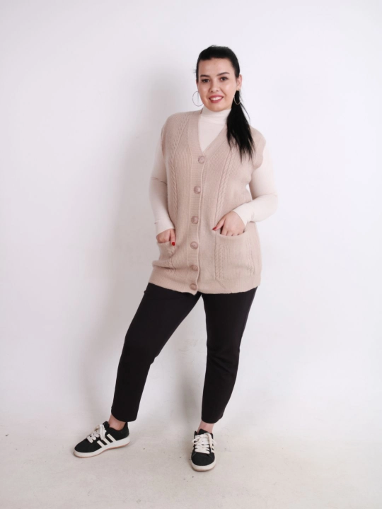 Ayollar uchun trikotaj jilet, uzun model, tugmali, cho‘ntakli, plus size, har kunlik uslub
