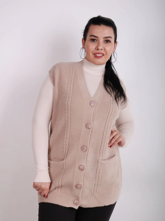 Ayollar uchun trikotaj jilet, uzun model, tugmali, cho‘ntakli, plus size, har kunlik uslub