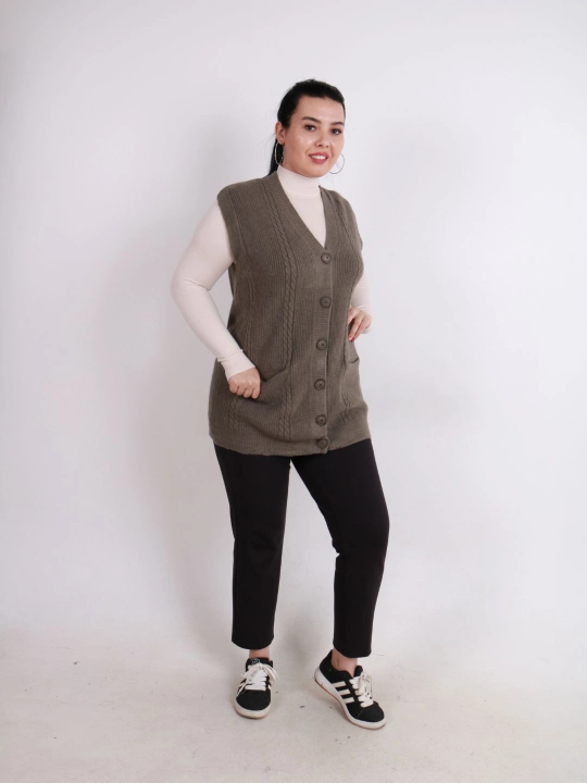 Ayollar uchun trikotaj jilet, uzun model, tugmali, cho‘ntakli, plus size, har kunlik uslub