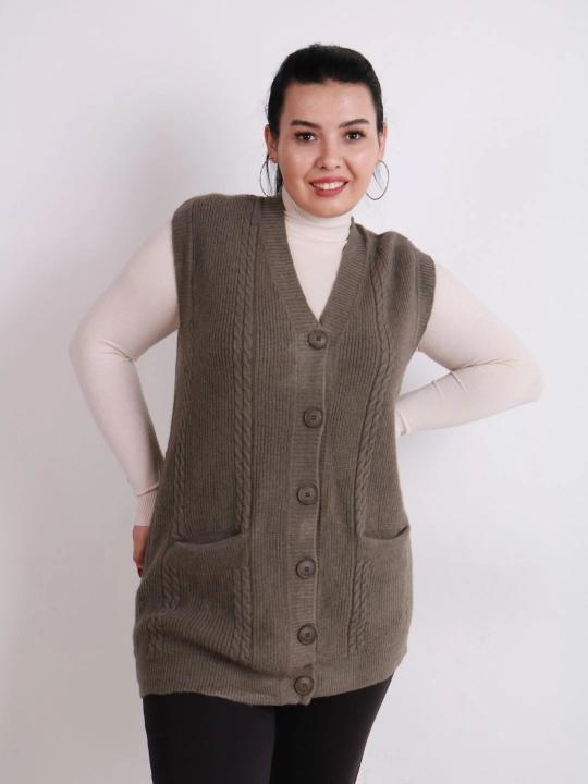 Ayollar uchun trikotaj jilet, uzun model, tugmali, cho‘ntakli, plus size, har kunlik uslub