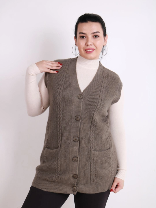 Ayollar uchun trikotaj jilet, uzun model, tugmali, cho‘ntakli, plus size, har kunlik uslub