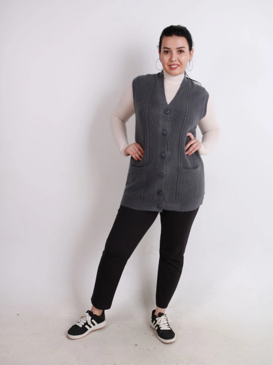 Ayollar uchun trikotaj jilet, uzun model, tugmali, cho‘ntakli, plus size, har kunlik uslub