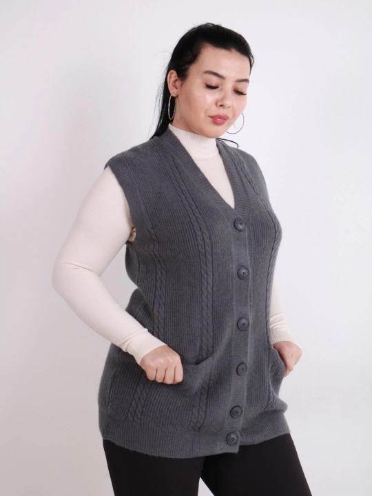 Ayollar uchun trikotaj jilet, uzun model, tugmali, cho‘ntakli, plus size, har kunlik uslub