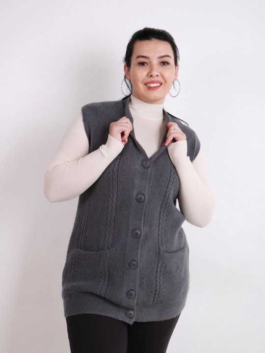 Ayollar uchun trikotaj jilet, uzun model, tugmali, cho‘ntakli, plus size, har kunlik uslub