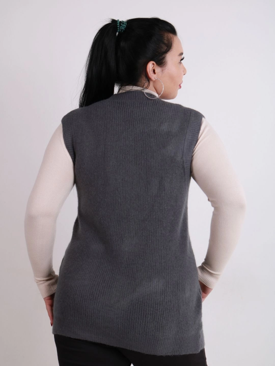 Ayollar uchun trikotaj jilet, uzun model, tugmali, cho‘ntakli, plus size, har kunlik uslub