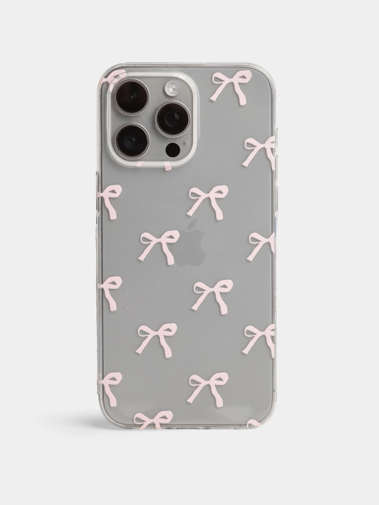 Прозрачный чехол с розовыми бантиками, для iPhone 13, 14, 15, 16, 17 Pro, ProMax, Plus - 