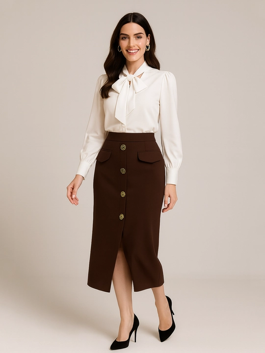 Ayollar midi yubkasi, baland bel, tugmali dizayn, katta o‘lchamlar S–5XL, DEGO