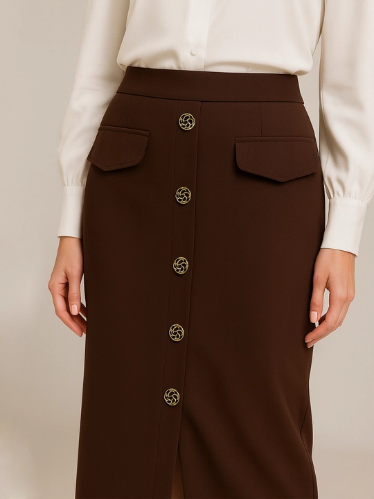 Ayollar midi yubkasi, baland bel, tugmali dizayn, katta o‘lchamlar S–5XL, DEGO