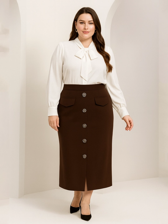 Ayollar midi yubkasi, baland bel, tugmali dizayn, katta o‘lchamlar S–5XL, DEGO
