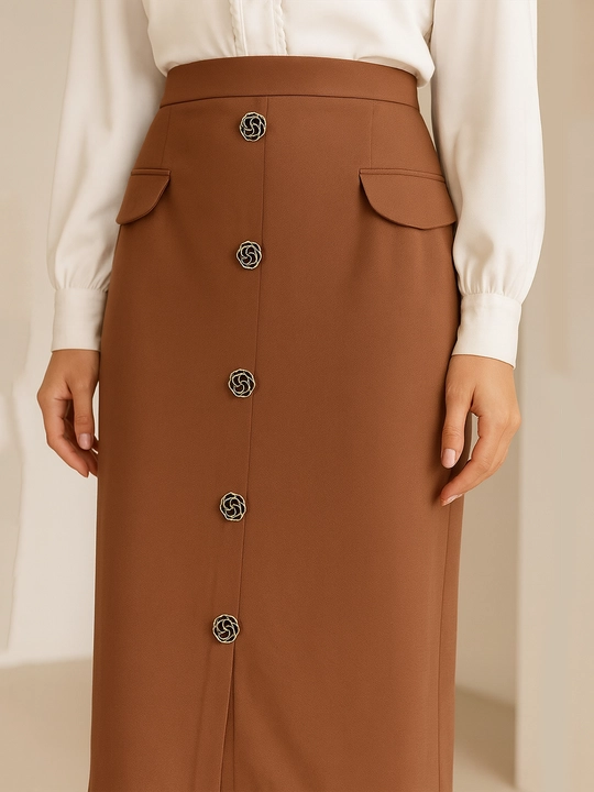 Ayollar midi yubkasi, baland bel, tugmali dizayn, katta o‘lchamlar S–5XL, DEGO