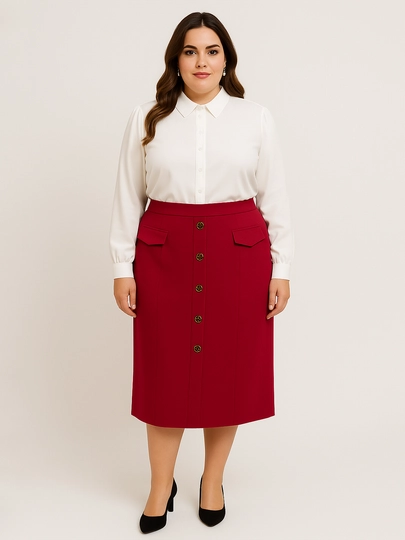 Ayollar midi yubkasi, baland bel, tugmali dizayn, katta o‘lchamlar S–5XL, DEGO