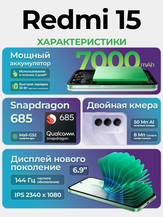 Телефон Redmi 15 4G, 7000 mAh 33Вт Type-C, до 8+8/256Gb, IPS 144Гц  6.9”, камера 50Мп